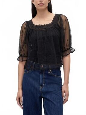 Gap Sheer Tulle Embroidered Top NWT True Black Size Medium